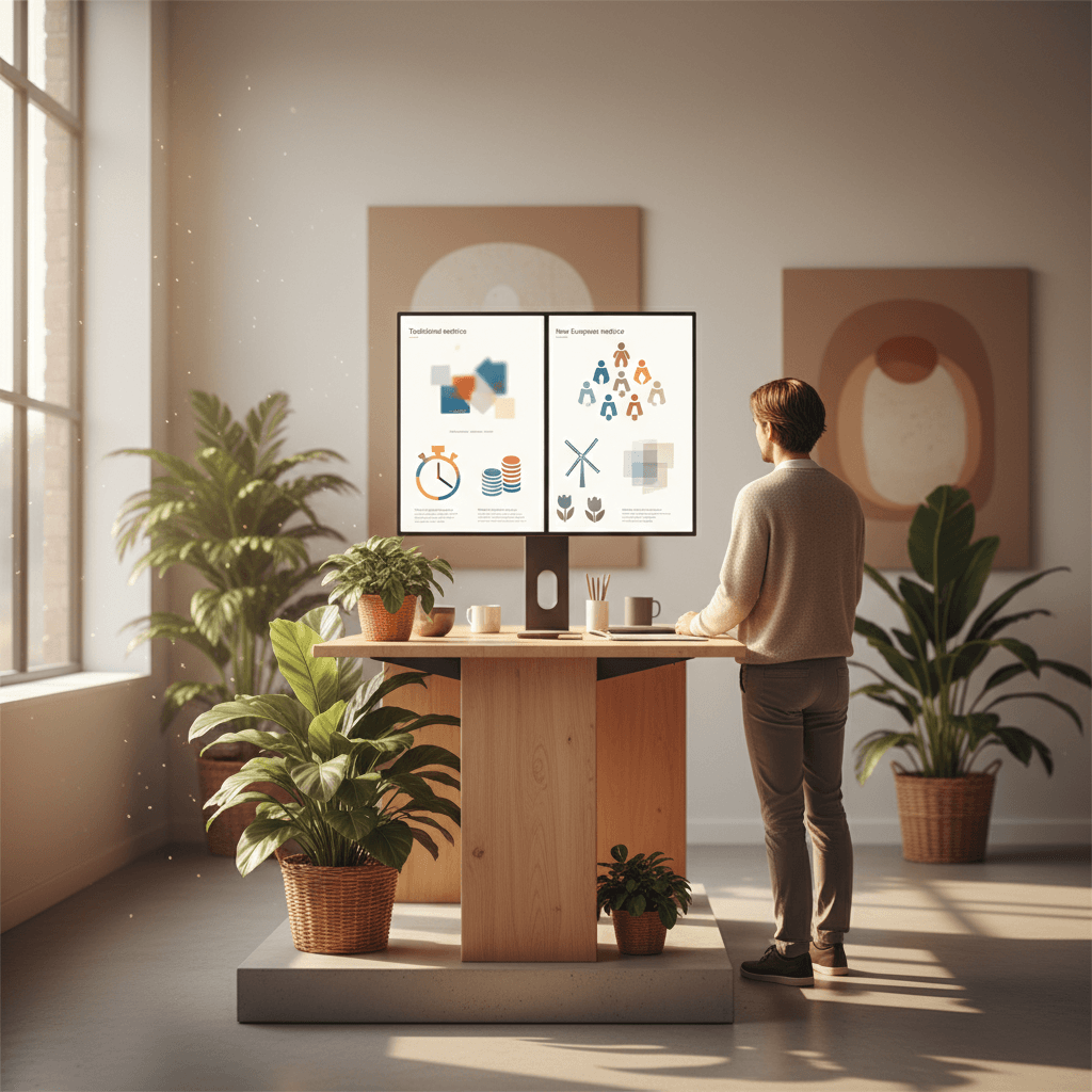 Split-screen infographic showing traditional metrics (stopwatch, cost symbols) on one side and new European metrics (trust icons, cultural symbols, transparency indicators) on the other