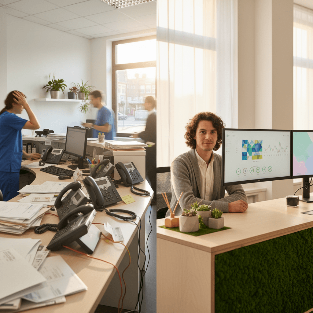 Split-screen comparison showing a chaotic dental front desk with ringing phones versus a calm European contact center monitoring dashboard with compliance checkmarks