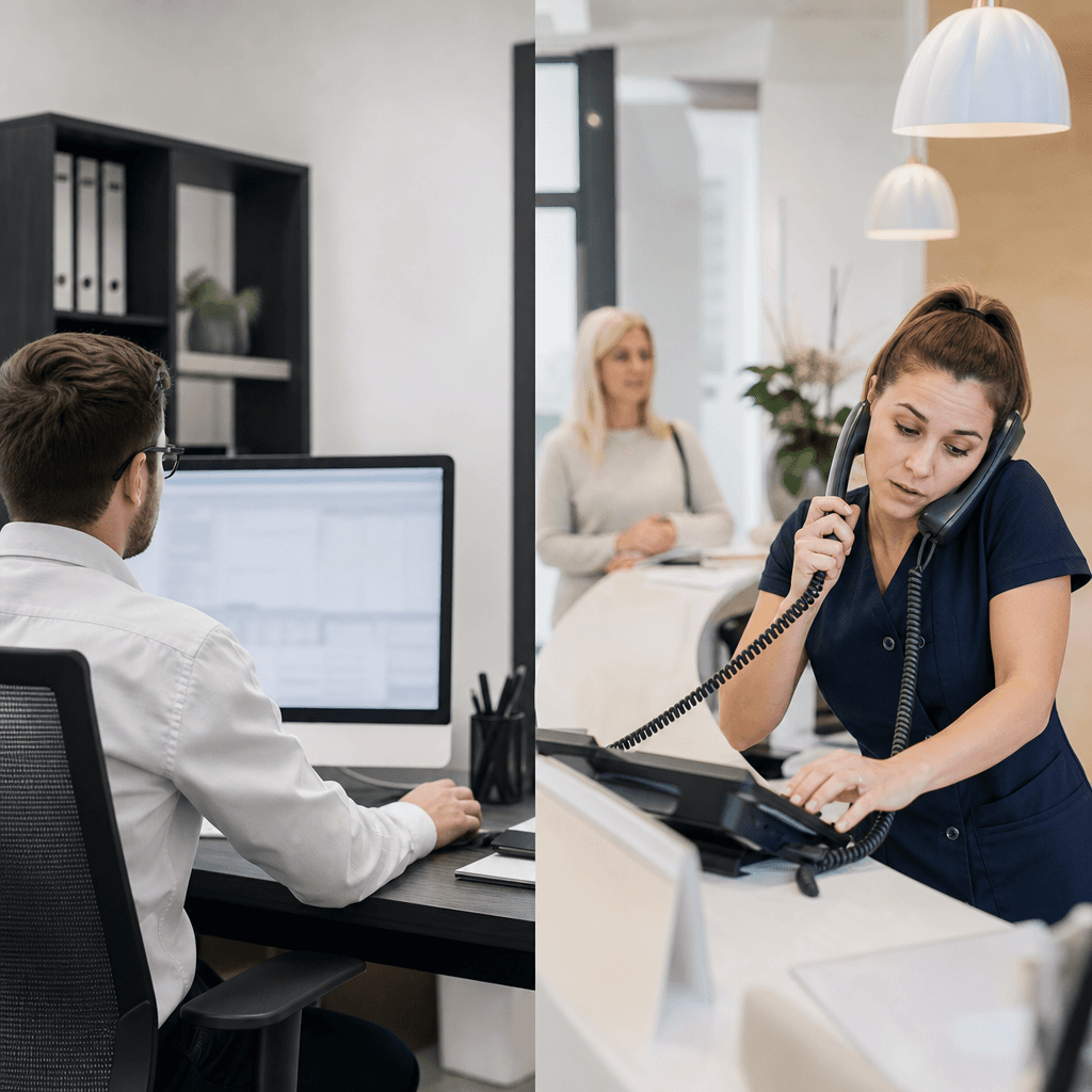 Split-screen visual: one side showing a back-office billing dashboard with green checkmarks, the other showing an overwhelmed receptionist juggling multiple phone lines