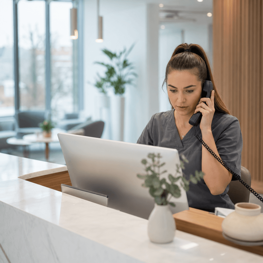 Visual flowchart showing the domino effect: missed call → empty chair → no recall → no review → no referral, with euro values at each stage
