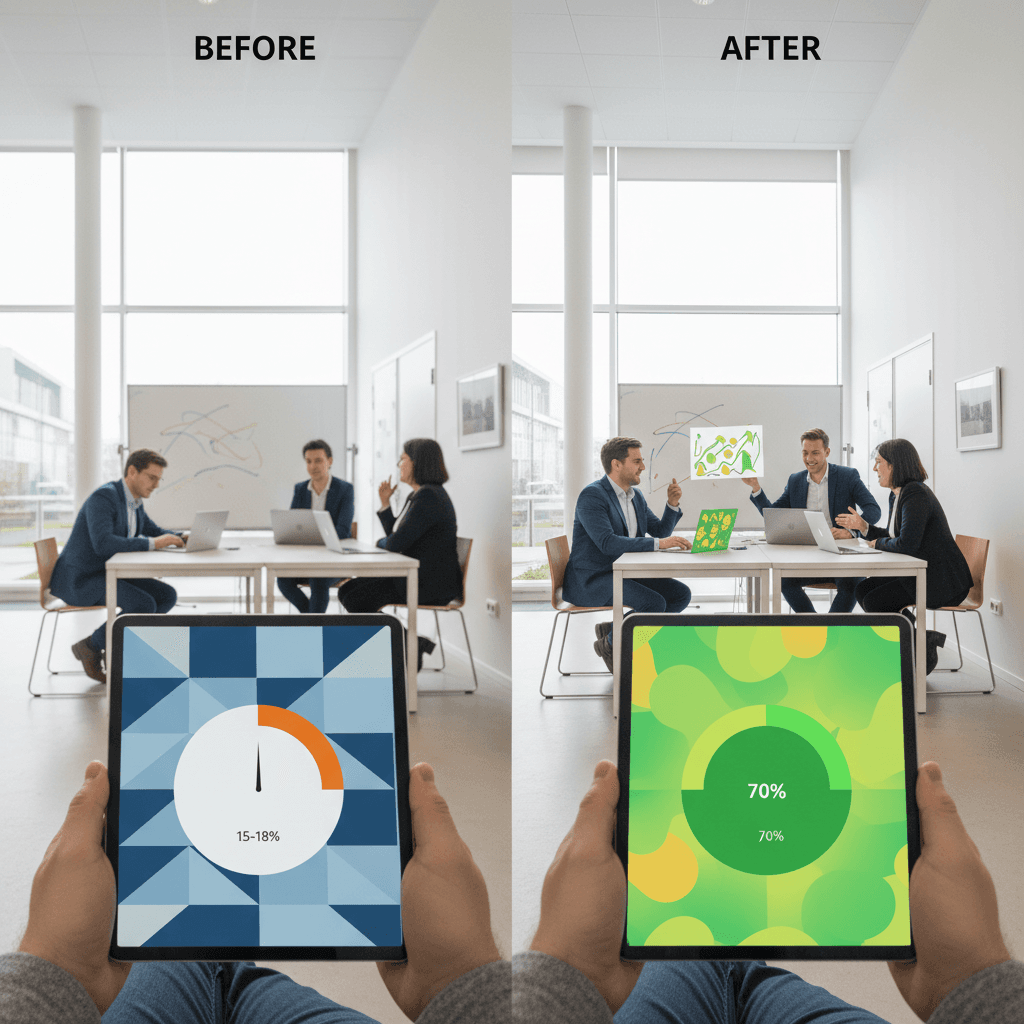 Before/after comparison graphic showing conversion rate improvement from 15-18% to 70%